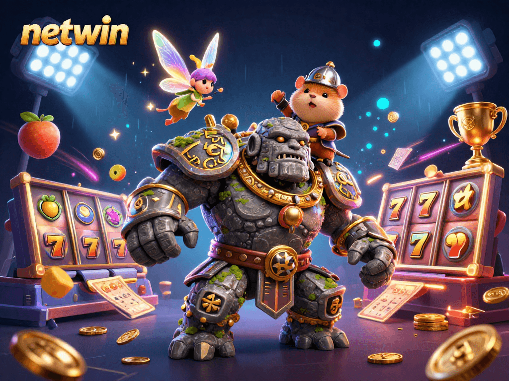 Experience thrilling action at netwin with a magical illustration of gaming excitement and characters.