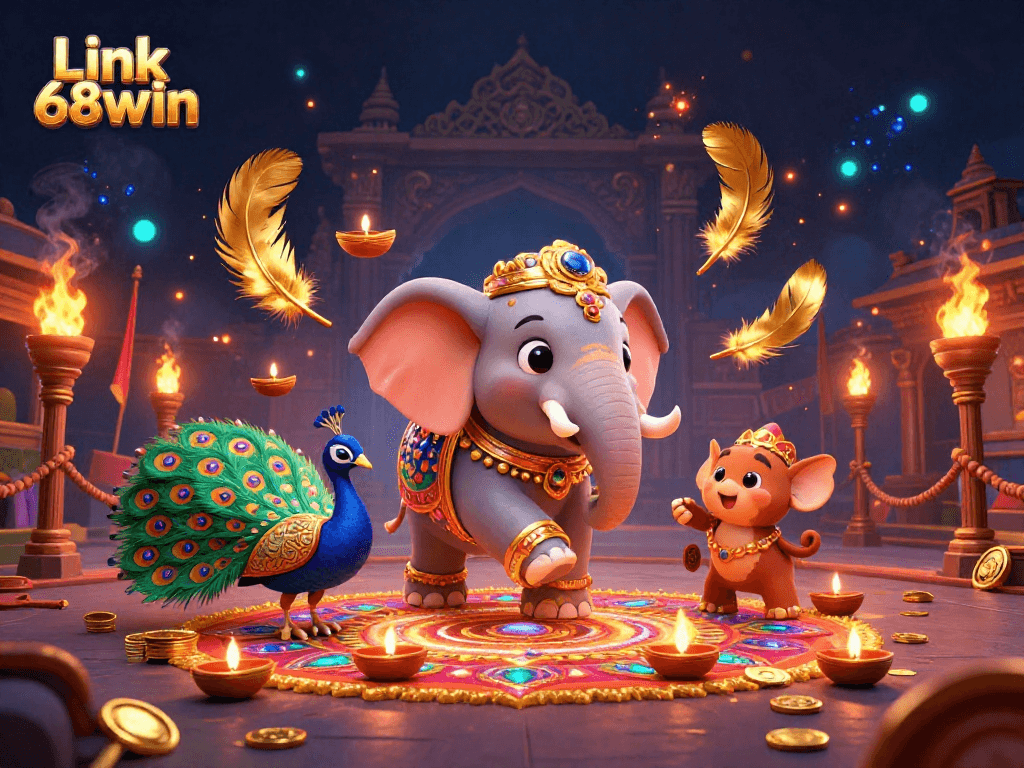 Experience thrilling games at Link 68win featuring vibrant illustrations of elephants and casino elements.