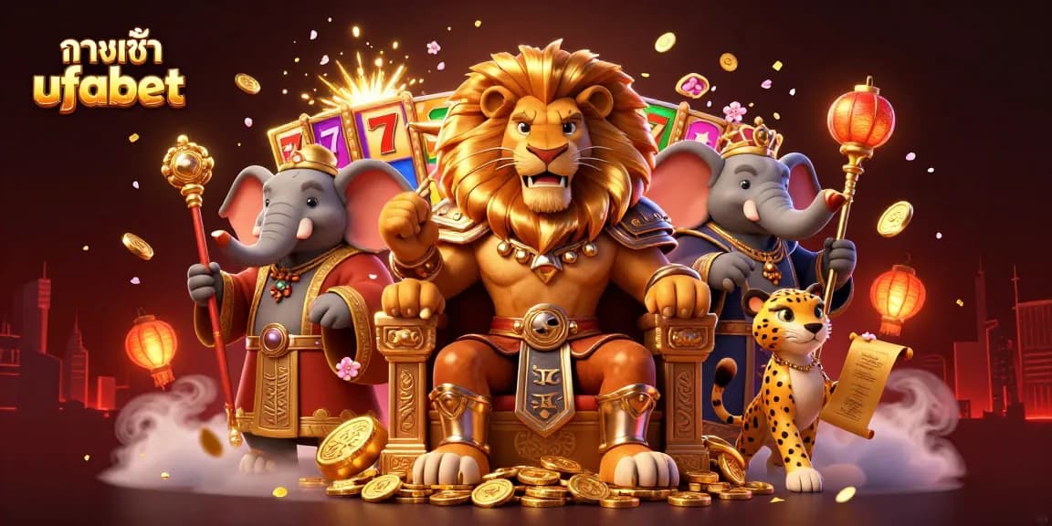 Engage with ทางเข้า ufabet through this dynamic casino scene illustrating a lion king and his advisor.