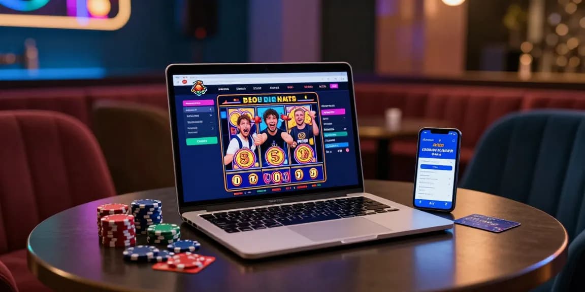 Engaged player exploring credit card casinos on a laptop in a vibrant lounge setting.