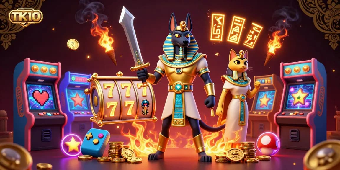 Experience thrilling jackpots at TK10 with Anubis and Bastet in a vibrant casino scene showcasing colorful slot reels.
