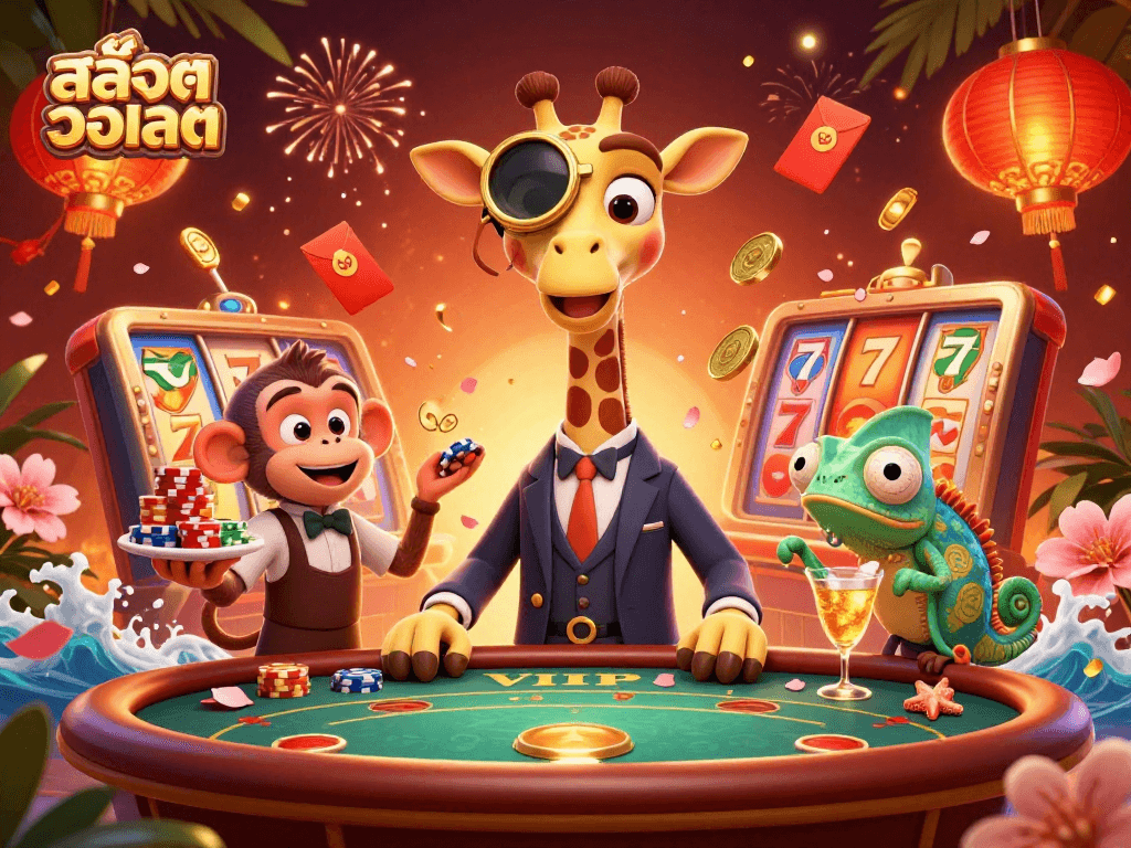 Experience สล็อตวอเลท in this vibrant 3D casino scene with a giraffe, monkey, and chameleon.