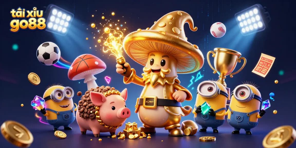 Win big with tài xỉu go88, featuring dynamic characters enchanting treasures in a vibrant casino scene.