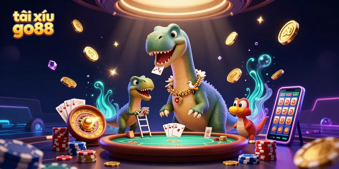 Experience the thrill of tài xỉu go88 as a brontosaurus oversees a busy casino scene with dazzling elements.