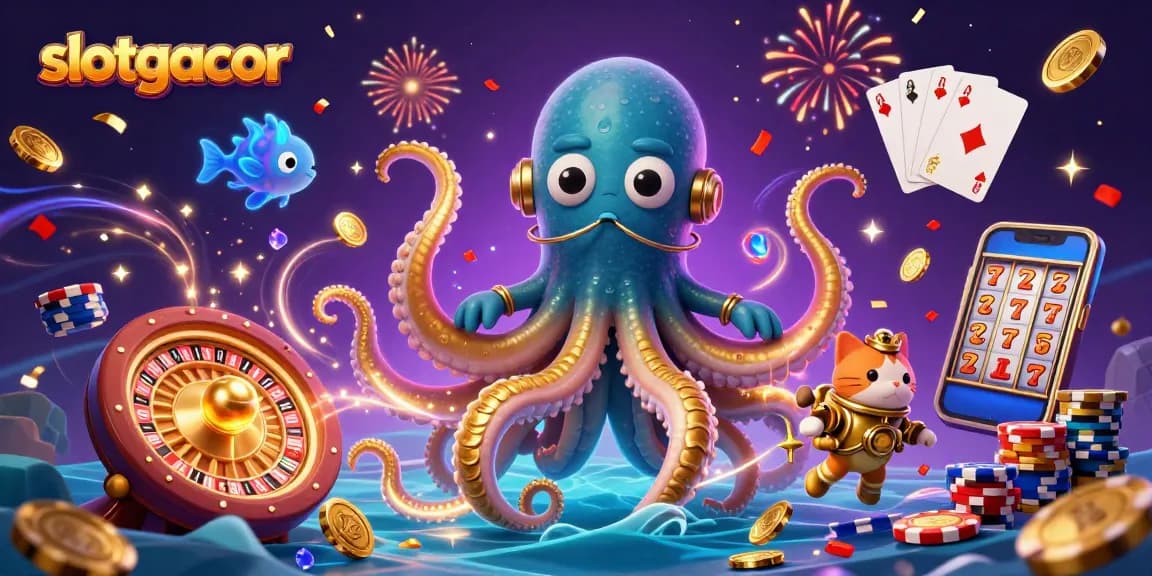 Engage with slotgacor as you explore a vibrant scene of a kraken, diving cat, and gems.