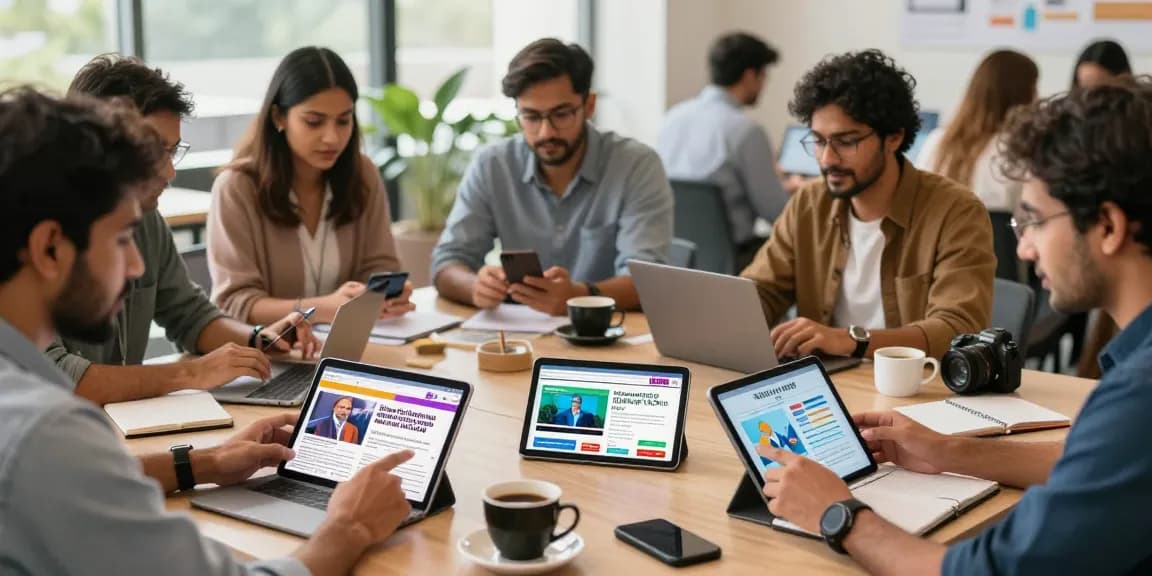 An engaging scene of individuals using digital devices to explore news from https://www.theindaily.com, showcasing India's political and cultural landscape in a modern workspace.