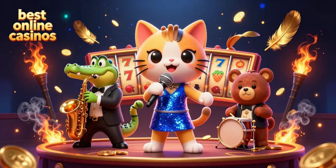 Experience the excitement of the best online casinos with a lively 3D casino scene featuring singing cat and music animals.