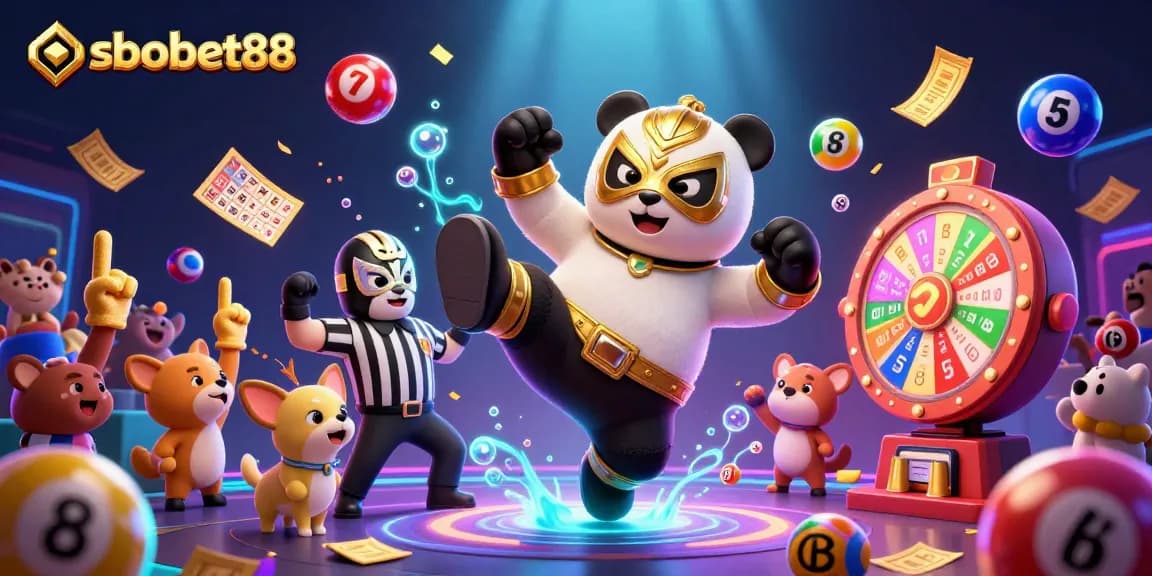 sbobet88 showcases an exciting scene of animated animals in a vibrant casino setting, celebrating wins.