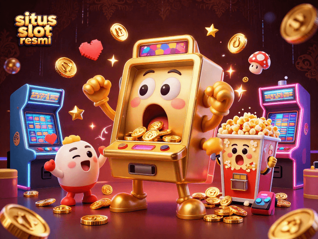 Situs slot resmi menampilkan mesin slot emas kartun terkejut dengan koin yang mengalir keluar.