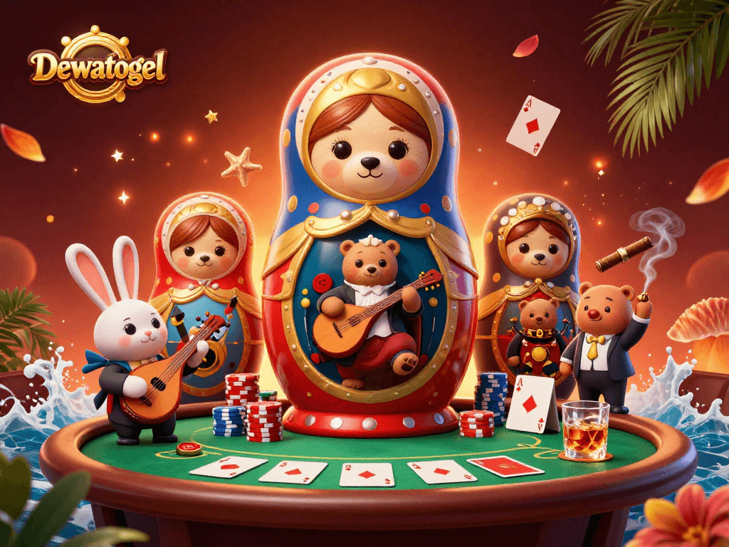 Menggenggam kemenangan di Dewatogel dengan karakter beruang Matryoshka dan dealer kasino, menciptakan suasana permainan yang meriah.
