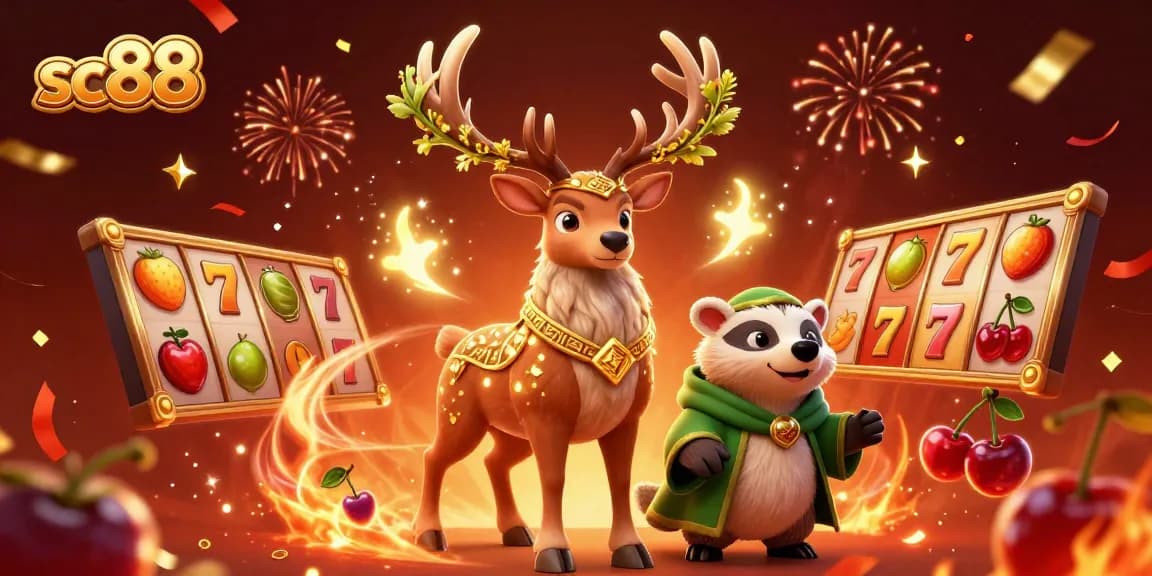 Engage with the sc88 gaming experience showcasing vibrant slot reels and festive Casino flair.