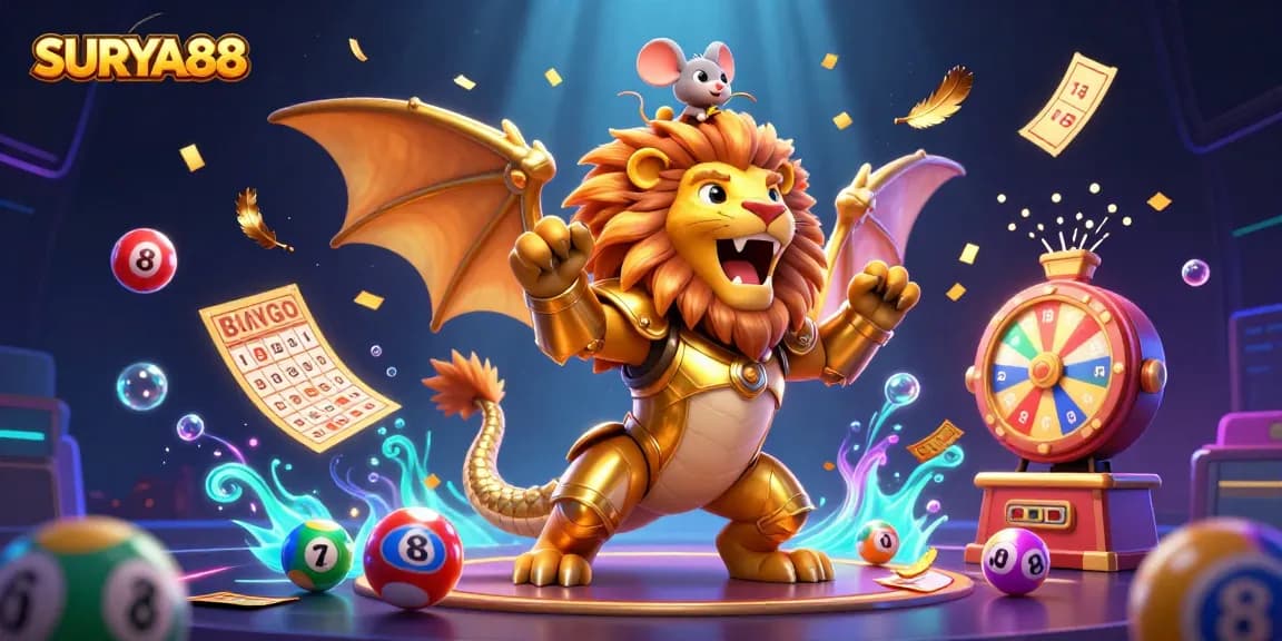 SURYA88 showcases a vibrant casino scene with a chimera and dynamic game elements for thrilling play.