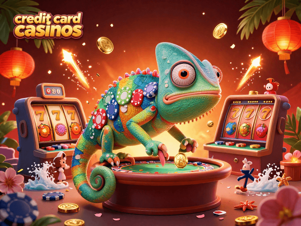 Experience the excitement of credit card casinos with a vibrant chameleon and dynamic slot elements.