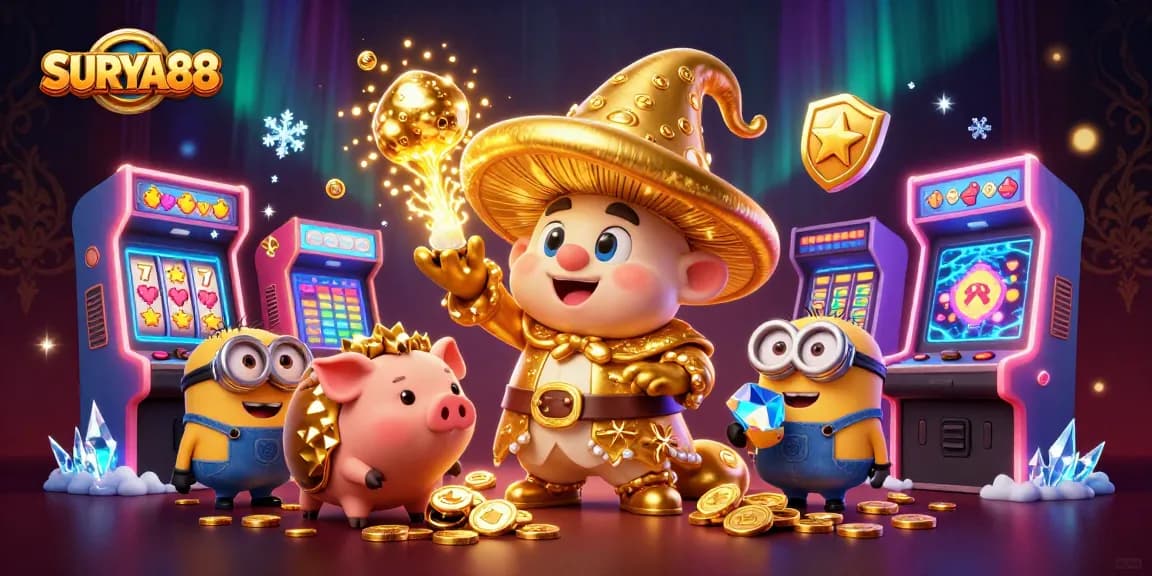 Transform your luck with SURYA88, featuring golden magic and vibrant casino elements in 3D.