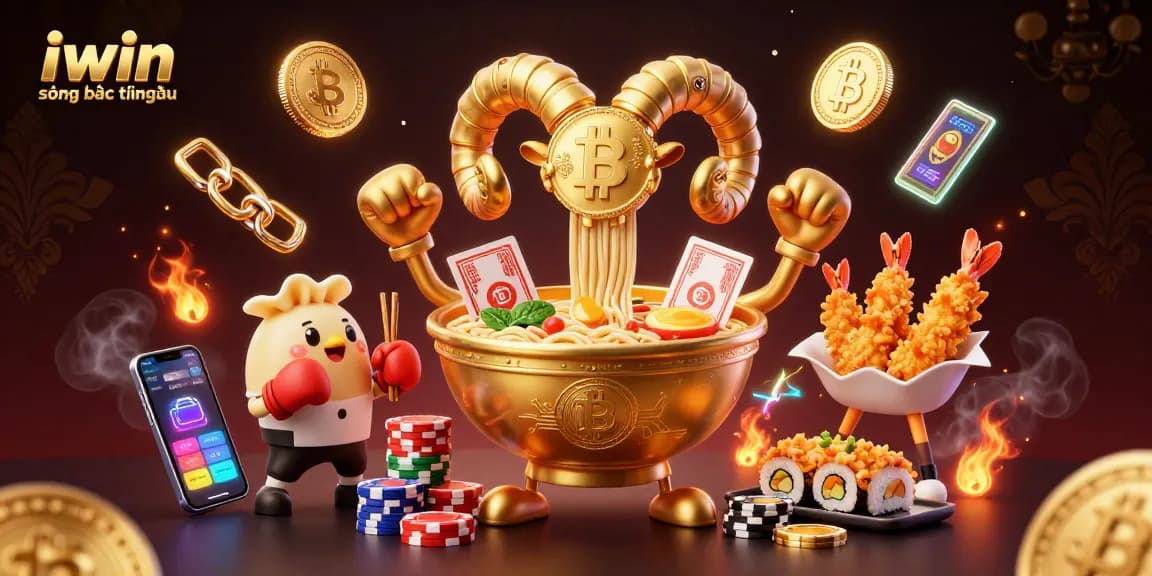 The vibrant 3D illustration of iwin sòng bạc thượng lưu showcases dynamic game action with a golden ramen bowl, sushi dealer, and crypto coins.