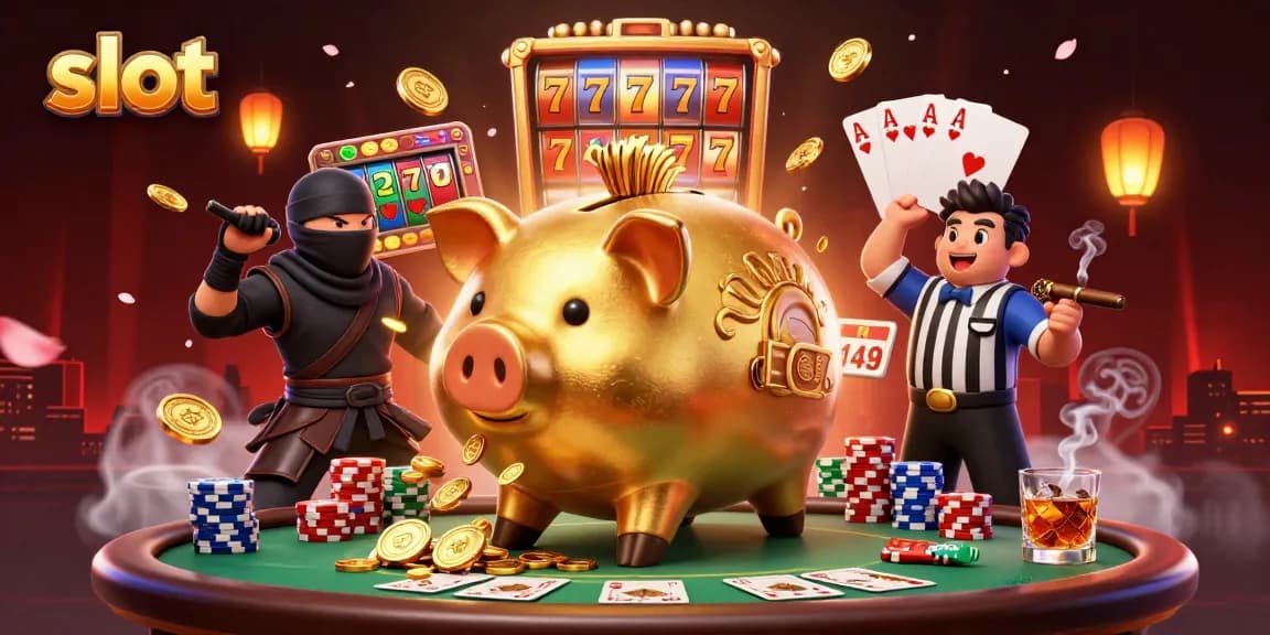 Experience thrilling slots action with a golden piggy bank sumo wrestler and ninja opponents in a dynamic casino scene.
