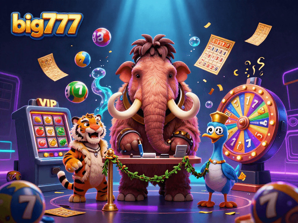 Join the big777 excitement with a VIP saber-tooth and a dodo doorman in this vibrant casino scene.