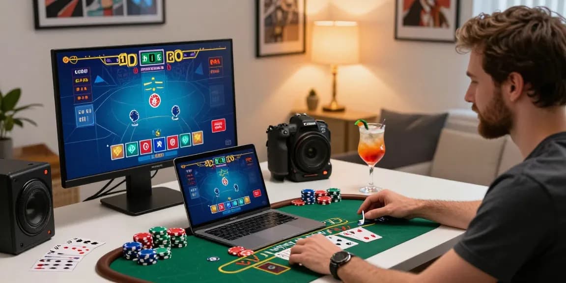 Online gaming experience at https://cullengolfclub.co.uk showcasing a user engaging with live dealer blackjack in a cozy home office.
