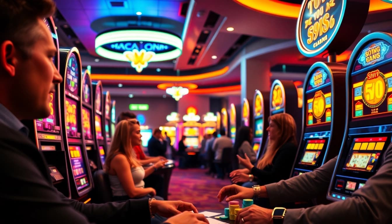 Situs toto yang menarik memperlihatkan suasana kasino yang ramai dengan pemain dan mesin slot.
