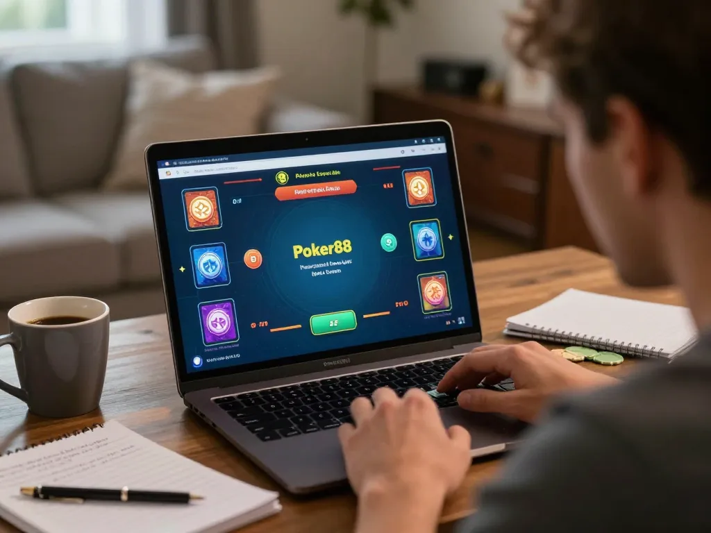 Player engaged in a Poker88 online session, showcasing an immersive gambling experience with strategy notes.