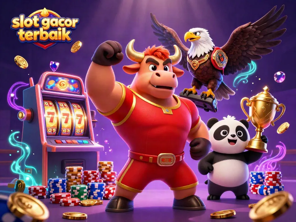 Menangkan slot gacor terbaik dengan simbol keberuntungan dan trofi dalam suasana kasino yang megah.
