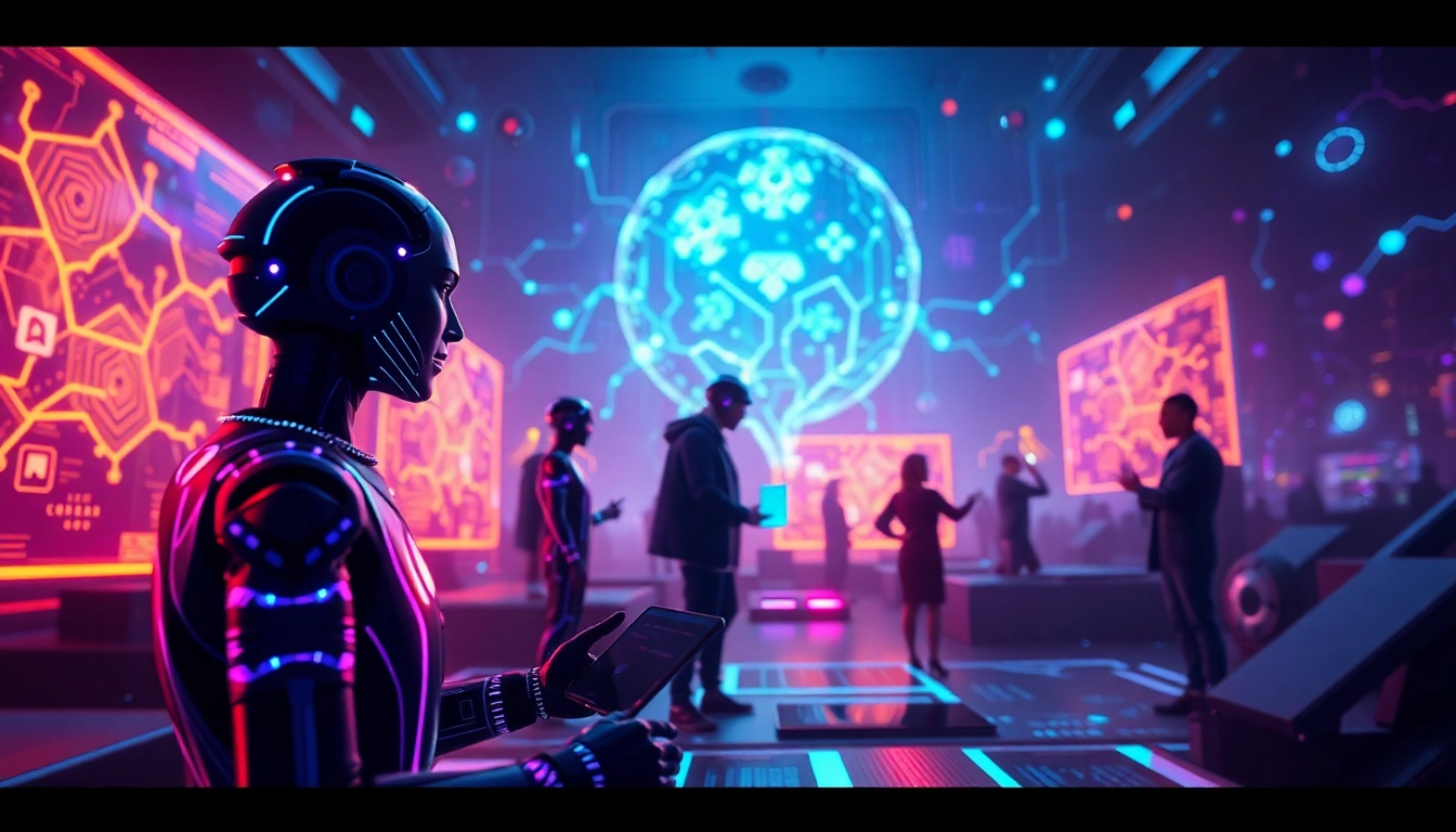 Crushon AI avatars interacting in a vibrant digital landscape, showcasing innovative conversations.