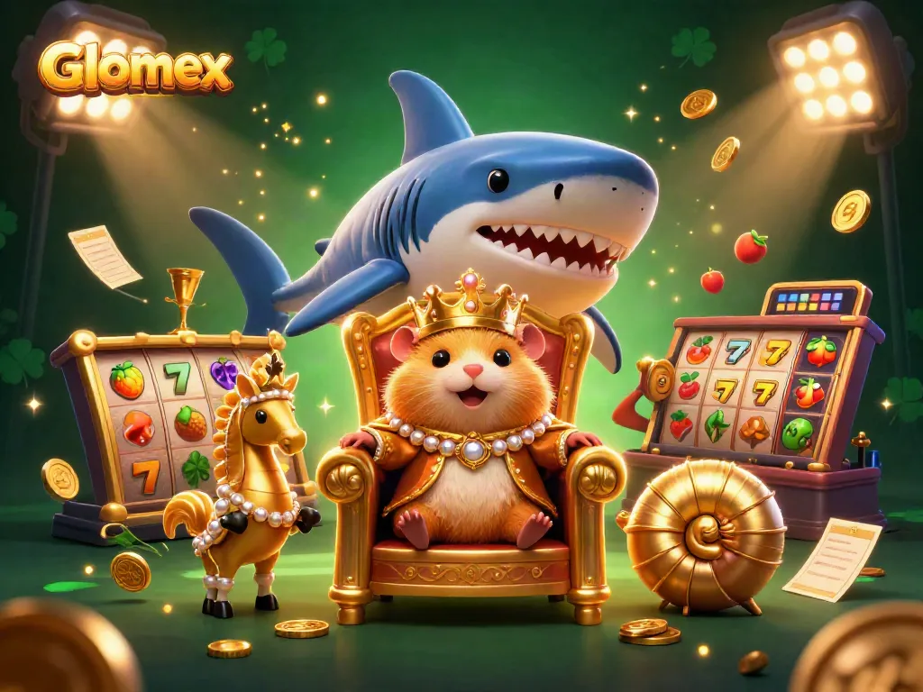 Bet on Glomex with a golden hamster king ruling over a colorful casino scene filled with slot machines.