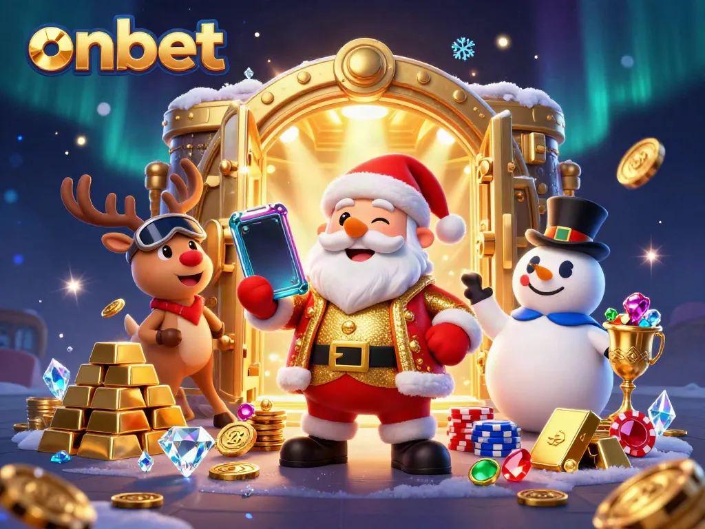 Experience thrilling jackpots at onbet with Santa and reindeer amidst overflowing treasure!