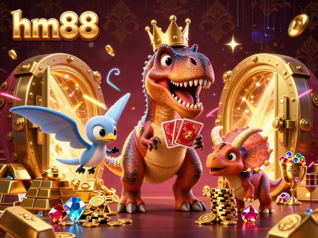 Experience the thrilling action at hm88 with a playful T-Rex shuffling cards and friends stacking golden chips in an exciting casino scene.