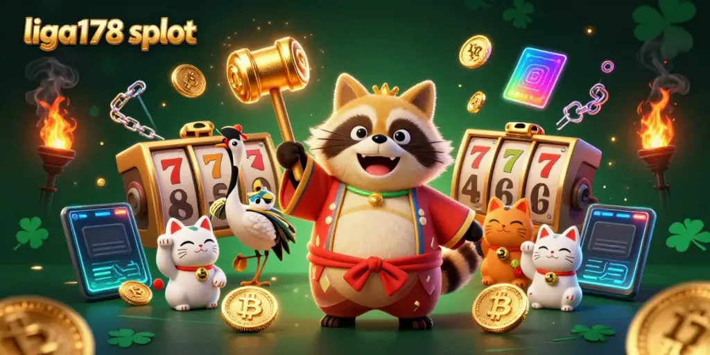 Bermain liga178 slot dengan tanuki pemegang palu keberuntungan dan kucing maneki-neko ceria.