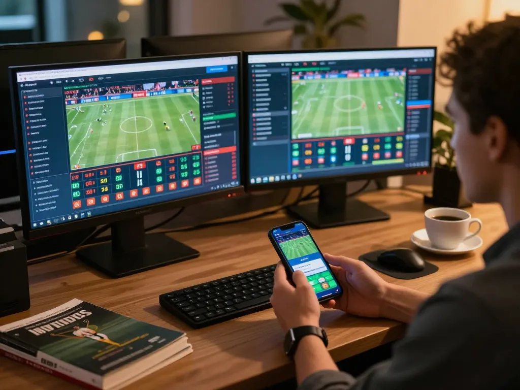 Engaging with tỷ lệ bóng đá kèo nhà cái through a live sports betting app, showcasing excitement and strategic planning.