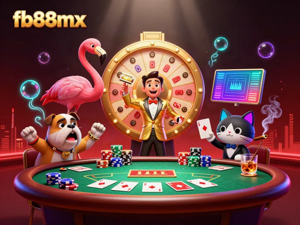 Engaging scene featuring fb88mx game show host flamingo and bulldog contestant amidst colorful poker elements.