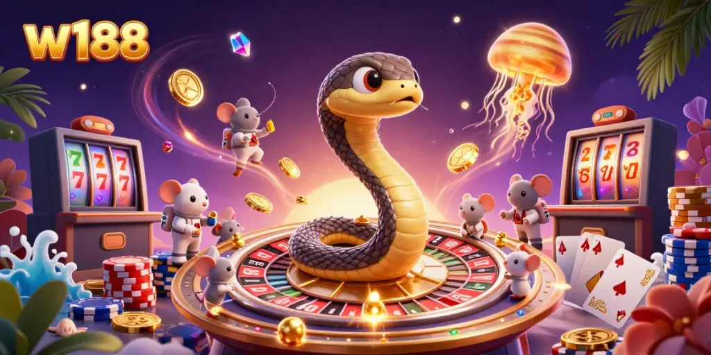 Experience the thrills of betting at w188 with a vibrant 3D scene of cosmic casino action.