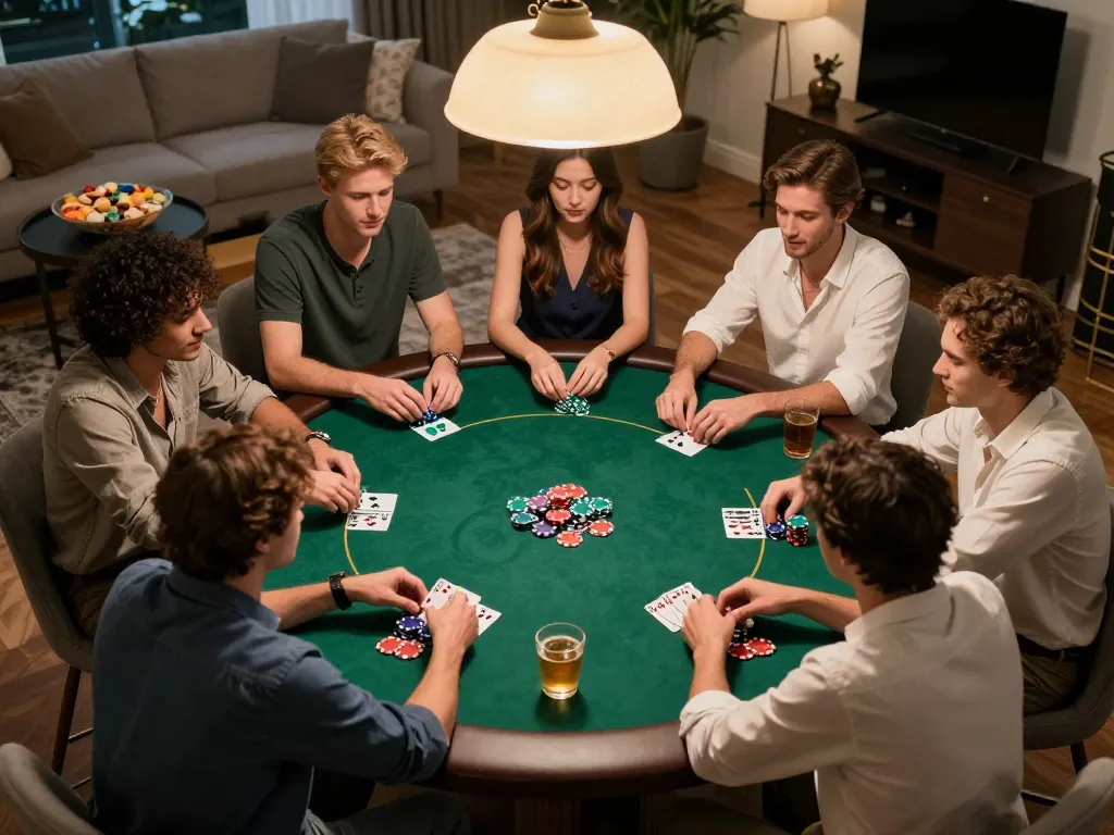 TWIN68 players enjoying an engaging home poker night with chips on the table.