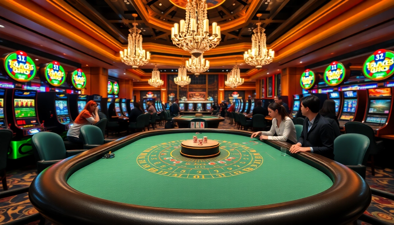 Experience the excitement of Blackjack Casino with players engaged at a luxurious table surrounded by vibrant decor.