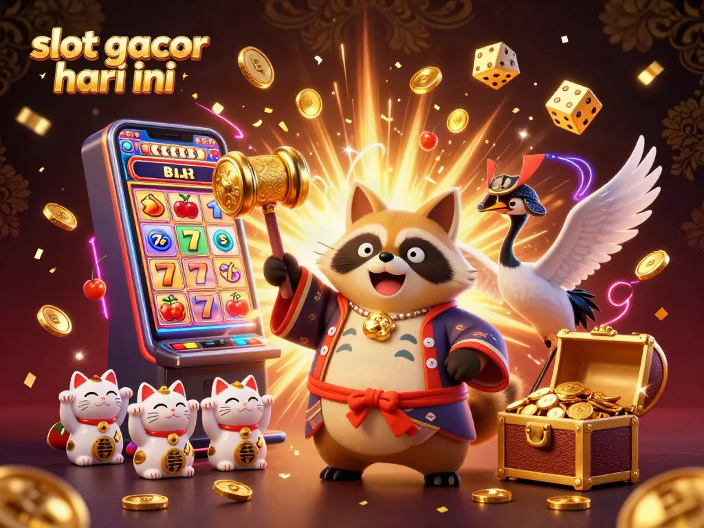 Temukan slot gacor hari ini dalam ilustrasi ceria dengan karakter tanuki, crane, dan maneki-neko di dunia kasino.
