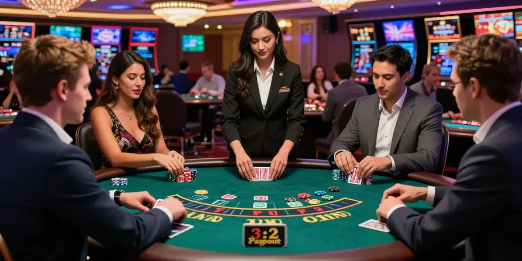 Players engaging in a lively game of 3 2 blackjack at a vibrant casino table.