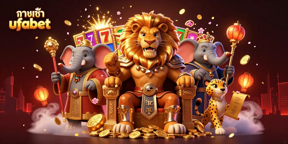 Engage with ทางเข้า ufabet through this dynamic casino scene illustrating a lion king and his advisor.