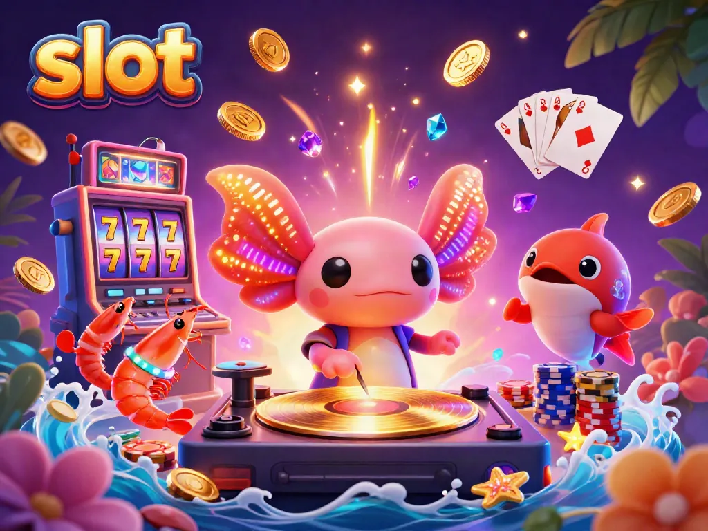 Slot mesin yang menampilkan tujuh keberuntungan dikelilingi koin emas dan karakter 3D yang ceria.