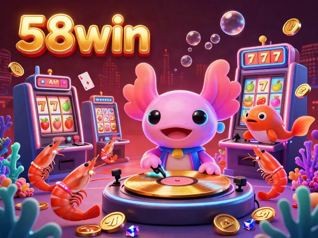 Experience excitement at 58win with vibrant casino characters, DJ axolotl spinning records, and glowing slot machines.