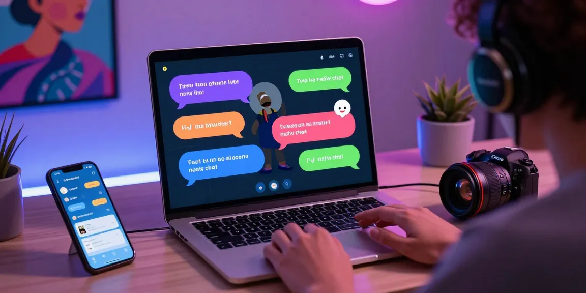 Interactive nsfw chat session on a laptop in a vibrant digital workspace with engaging elements.