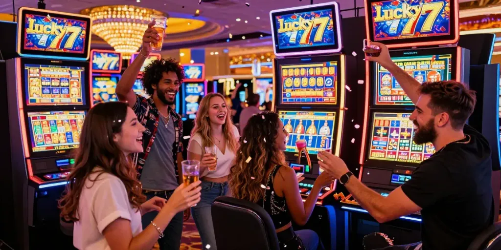 Friends celebrating a jackpot win at a Lucky777 slot machine in a vibrant casino.