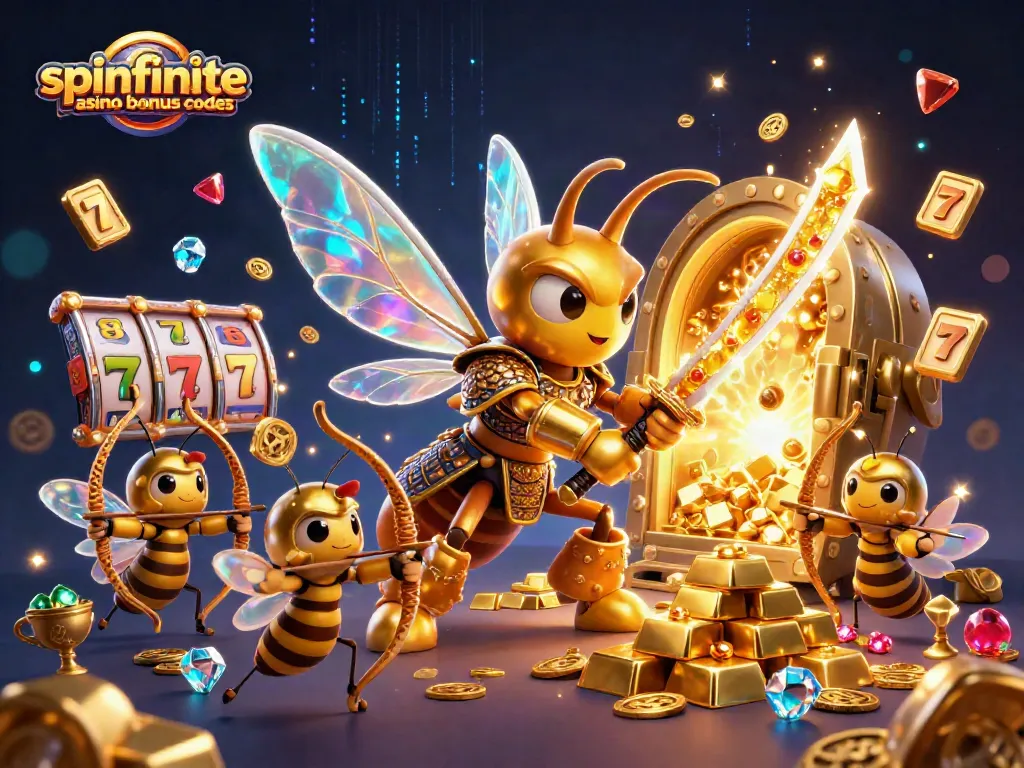 Spinfinite casino bonus codes displayed with a dynamic scene featuring a hornet in samurai armor amid gold coins and slot reels