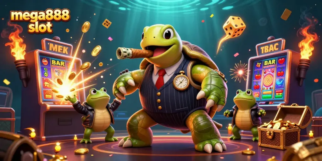 Engage with the mega888 slot through this vibrant illustration showcasing exciting casino elements.