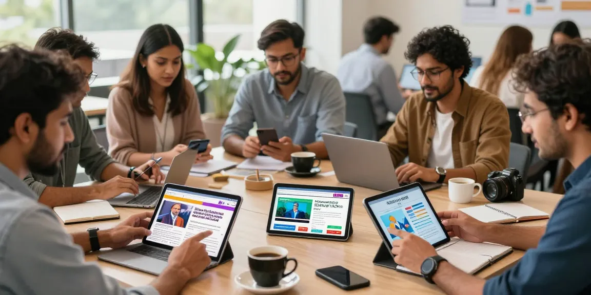 An engaging scene of individuals using digital devices to explore news from https://www.theindaily.com, showcasing India's political and cultural landscape in a modern workspace.