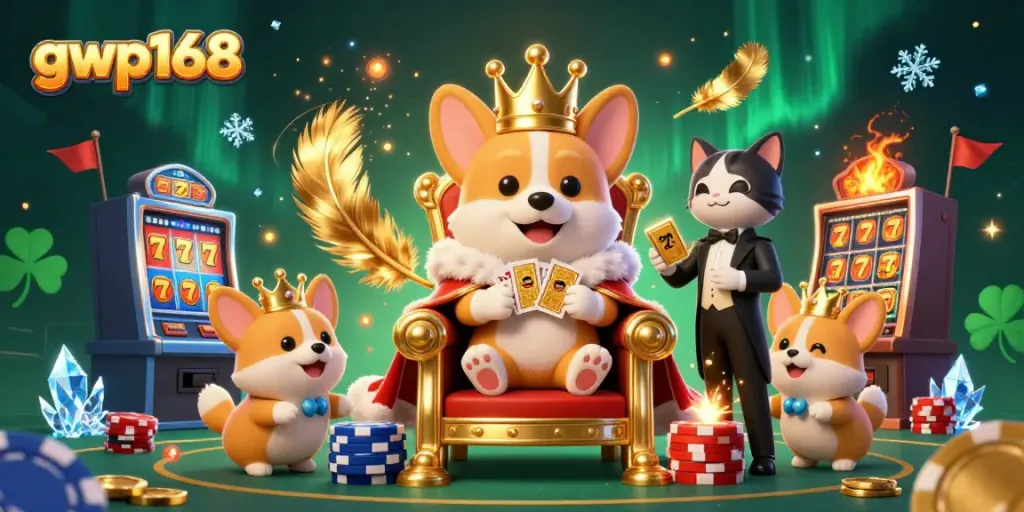 GWP168 mempersembahkan pengalaman bermain menarik dengan corgi kerajaan dan ruang kasino yang kaya visual.