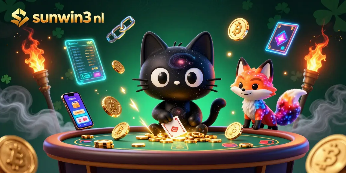 Experience sunwin3 nl with a cosmic cat at a vibrant casino table, pulling in gold chips.