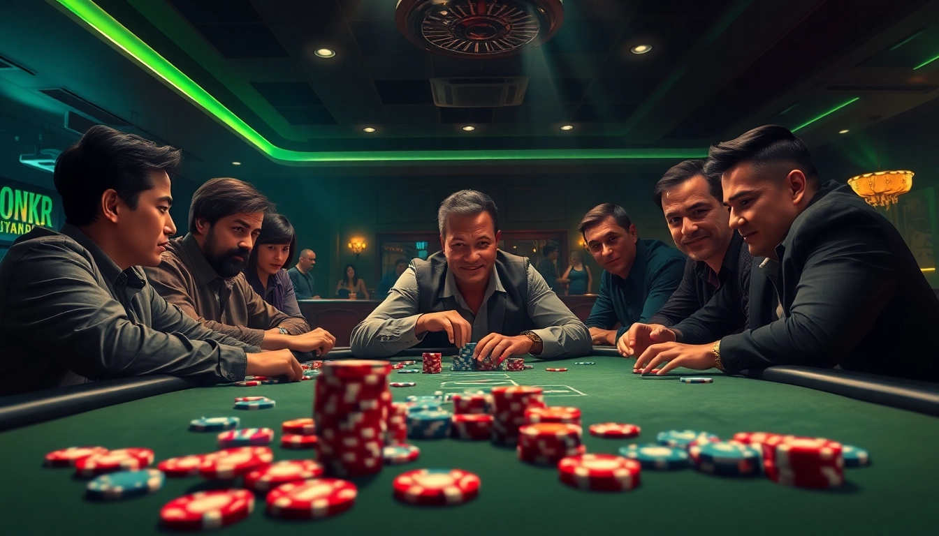 Engaged players in a competitive Poker Game with vibrant chips and cards on a casino table.