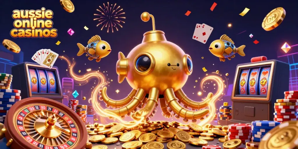 Experience vibrant gameplay at aussie online casinos with a golden kraken submarine amidst dazzling coins