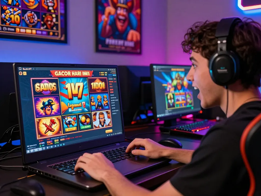 Pengalaman gaming yang menarik menampilkan pengguna di slot gacor hari ini dengan grafis yang hidup dan antarmuka permainan yang mendebarkan.